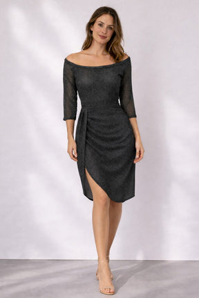 Women's Off-Shoulder Wrap Midi Cocktail Dress | Lucienne in Black