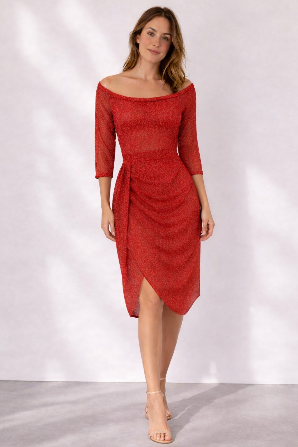 Women's Off-Shoulder Wrap Midi Cocktail Dress | Lucienne in Red