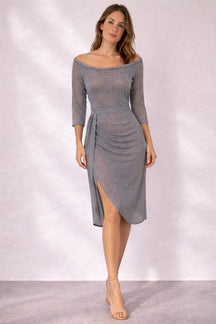 Women's Off-Shoulder Wrap Midi Cocktail Dress | Lucienne in Gray