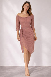 Women's Off-Shoulder Wrap Midi Cocktail Dress | Lucienne in Brown