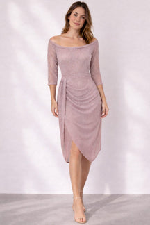 Women's Off-Shoulder Wrap Midi Cocktail Dress | Lucienne in Pink