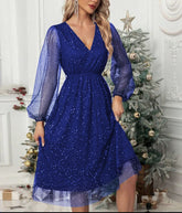 Women's Glitter Mini Party Dress with Balloon Sleeves | Marisa in Blue