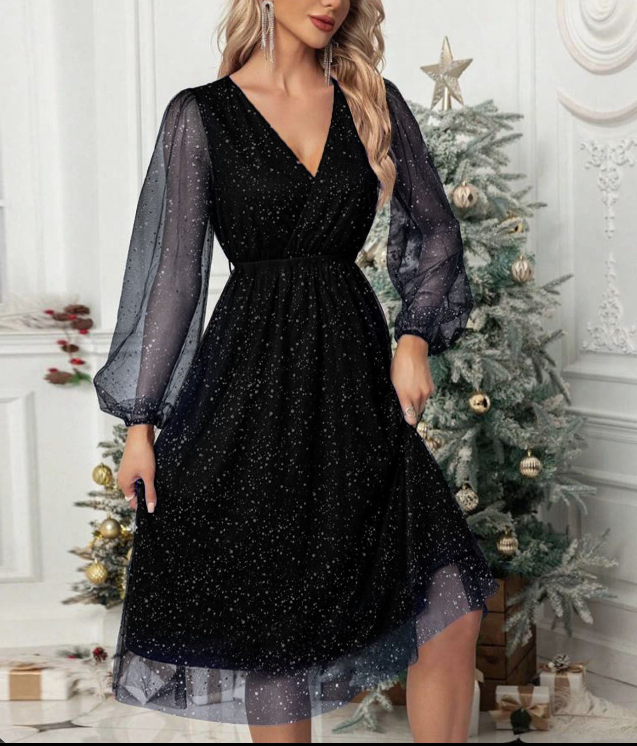 Women's Glitter Mini Party Dress with Balloon Sleeves | Marisa in Black