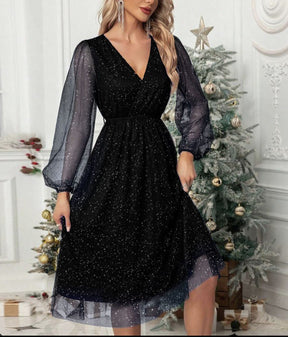 Women's Glitter Mini Party Dress with Balloon Sleeves | Marisa in Black