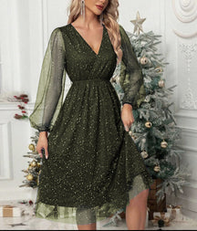 Women's Glitter Mini Party Dress with Balloon Sleeves | Marisa in Olive green