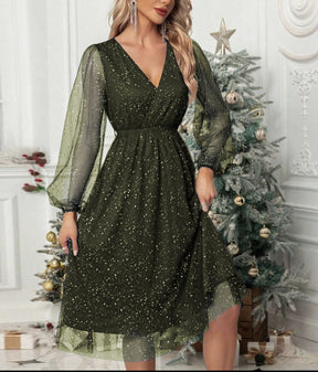 Women's Glitter Mini Party Dress with Balloon Sleeves | Marisa in Olive green