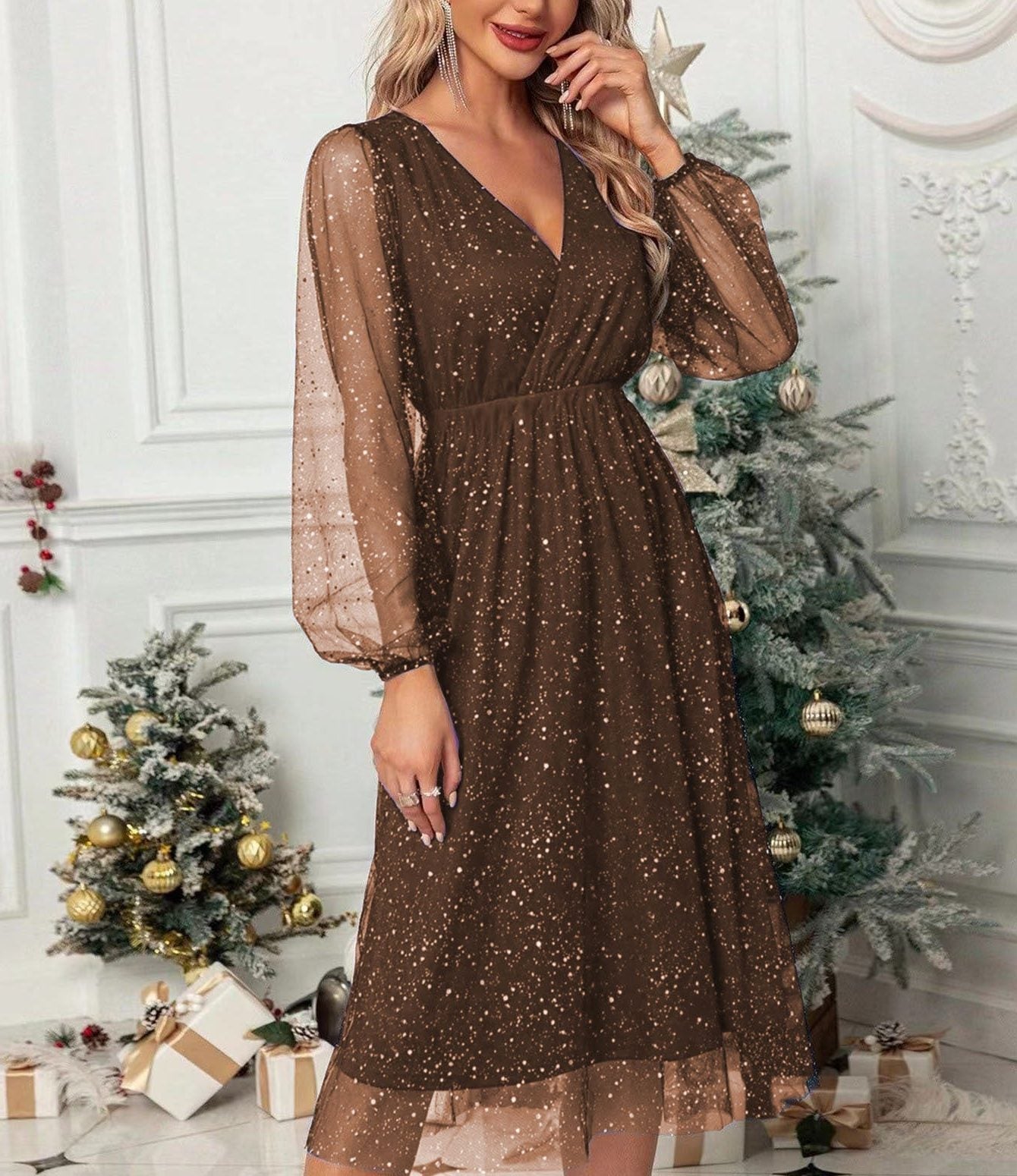 Women's Glitter Mini Party Dress with Balloon Sleeves | Marisa in Coffee brown