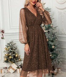 Women's Glitter Mini Party Dress with Balloon Sleeves | Marisa in Coffee brown