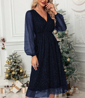 Women's Glitter Mini Party Dress with Balloon Sleeves | Marisa in Marine blue