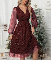 Women's Glitter Mini Party Dress with Balloon Sleeves | Marisa in Wine red