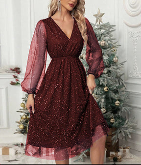 Women's Glitter Mini Party Dress with Balloon Sleeves | Marisa in Wine red