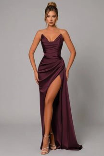 Women's Satin Maxi Evening Dress, Sweetheart Neck | Melissa in Crimson Red