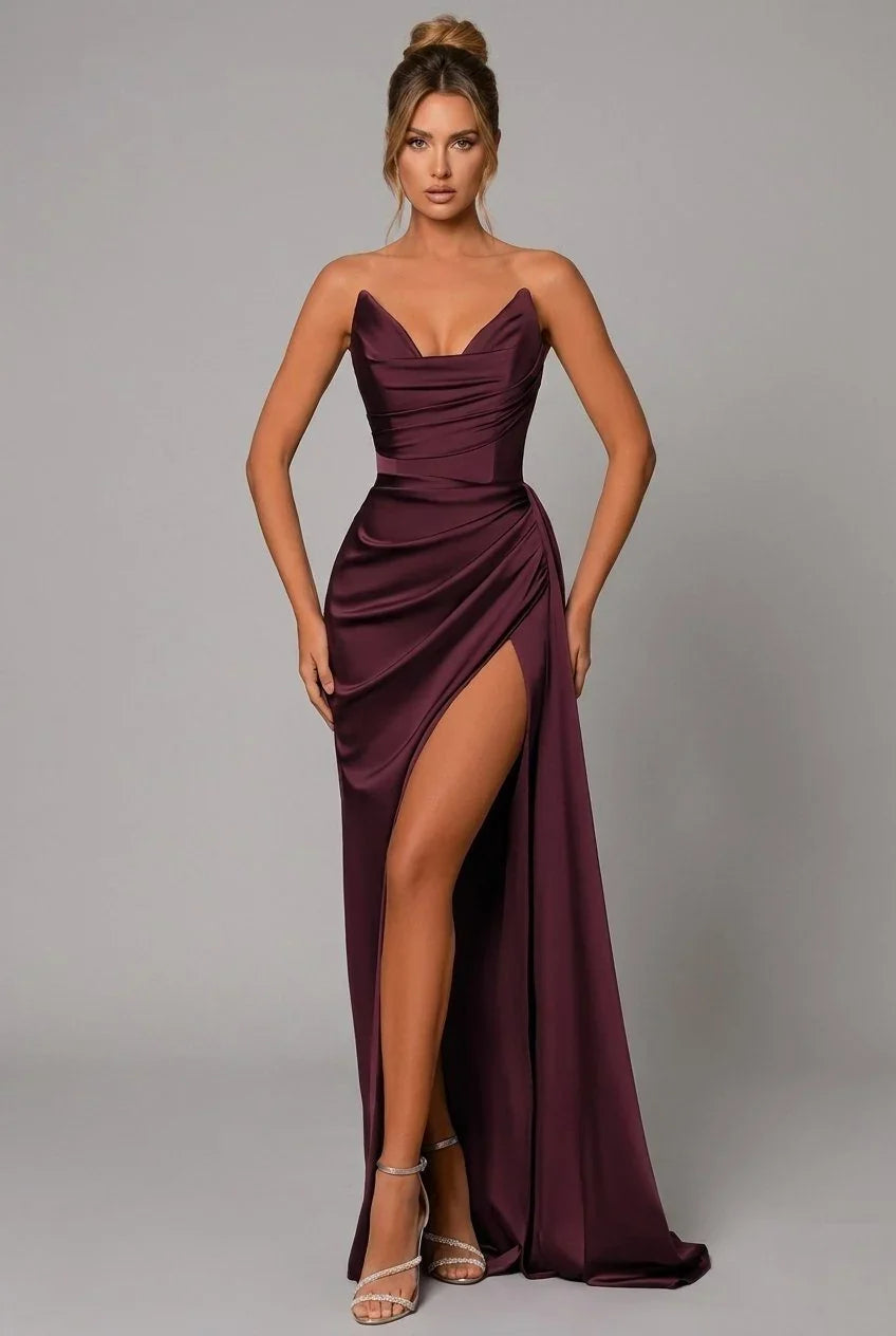 Women's Satin Maxi Evening Dress, Sweetheart Neck | Melissa in Crimson Red