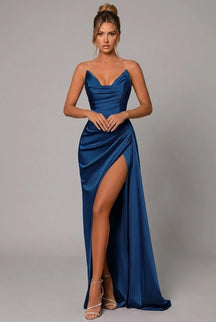 Women's Satin Maxi Evening Dress, Sweetheart Neck | Melissa in Blue