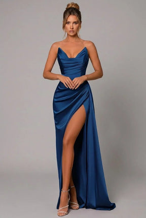 Women's Satin Maxi Evening Dress, Sweetheart Neck | Melissa in Blue