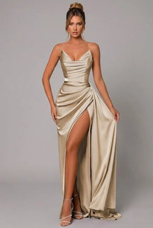 Women's Satin Maxi Evening Dress, Sweetheart Neck | Melissa in Light Gold