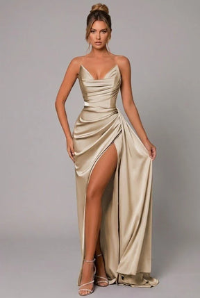 Women's Satin Maxi Evening Dress, Sweetheart Neck | Melissa in Light Gold