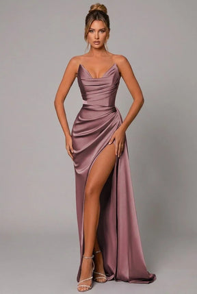 Women's Satin Maxi Evening Dress, Sweetheart Neck | Melissa in Dusty Rose