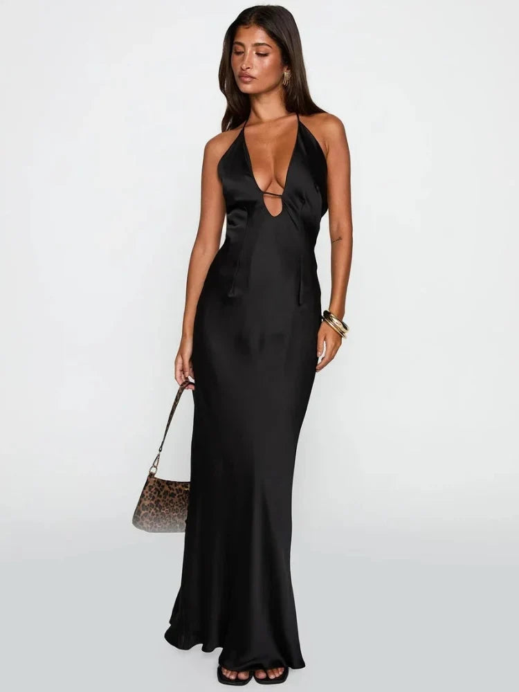 Women's Satin Halter Maxi Evening Dress, Open Back | Millicent