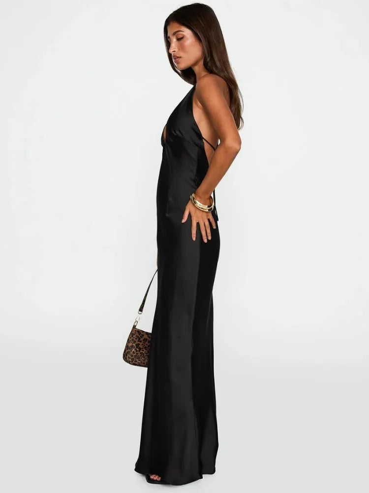 Women's Satin Halter Maxi Evening Dress, Open Back | Millicent