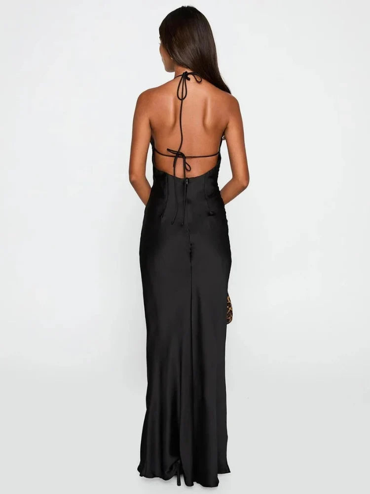 Women's Satin Halter Maxi Evening Dress, Open Back | Millicent