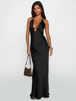 Women's Satin Halter Maxi Evening Dress, Open Back | Millicent