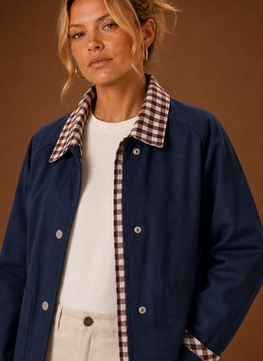 Women's Plaid Collared Jacket | Bianca in Navy - Juana Fashion