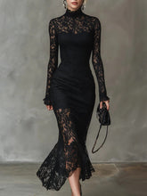 Women's High-Neck Lace Fishtail Maxi Evening Dress | Naya in Black