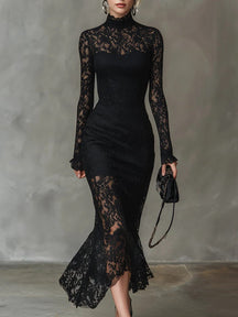 Women's High-Neck Lace Fishtail Maxi Evening Dress | Naya in Black