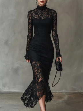 Women's High-Neck Lace Fishtail Maxi Evening Dress | Naya in Black