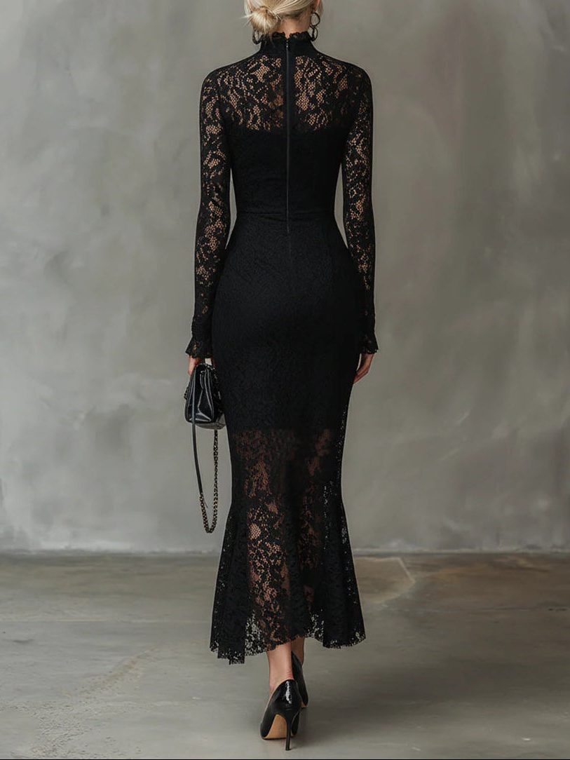 Women's High-Neck Lace Fishtail Maxi Evening Dress | Naya