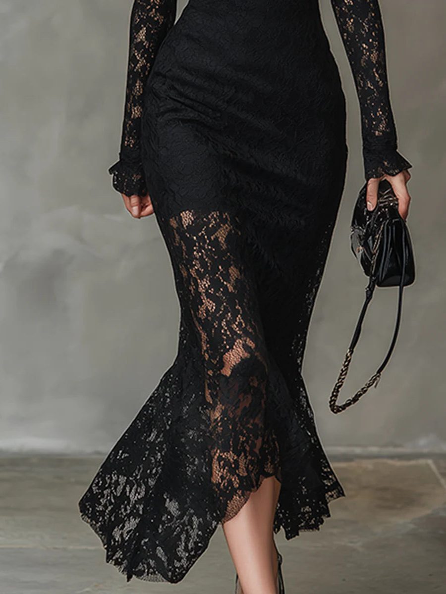 Women's High-Neck Lace Fishtail Maxi Evening Dress | Naya
