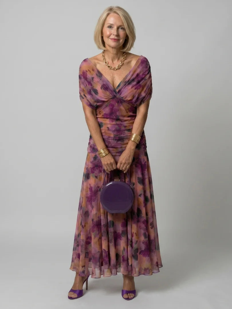 Women's Floral Ruched Maxi Wedding Guest Dress | Nicole in Purple