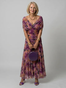 Women's Floral Ruched Maxi Wedding Guest Dress | Nicole in Purple