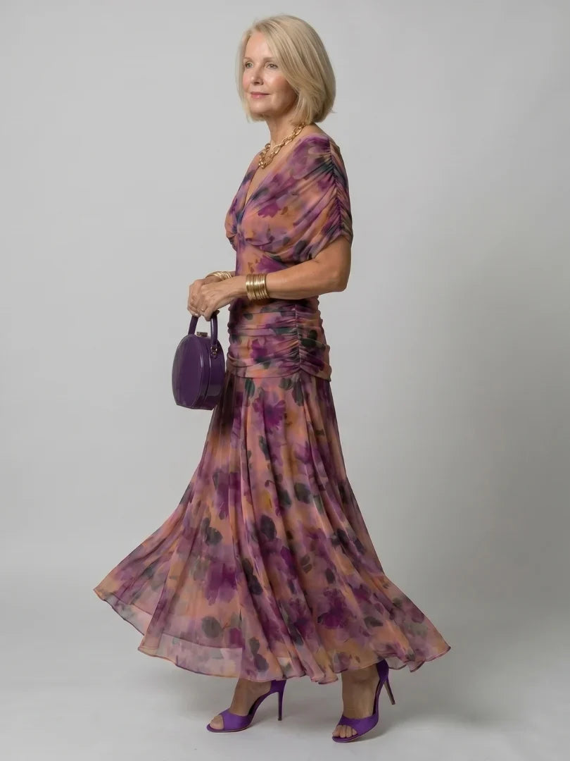 Women's Floral Ruched Maxi Wedding Guest Dress | Nicole in Dark green