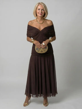 Women's Floral Ruched Maxi Wedding Guest Dress | Nicole in Brown