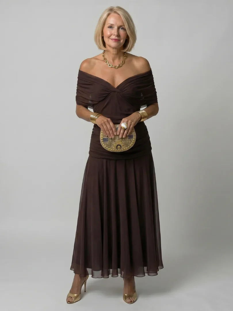 Women's Floral Ruched Maxi Wedding Guest Dress | Nicole in Brown