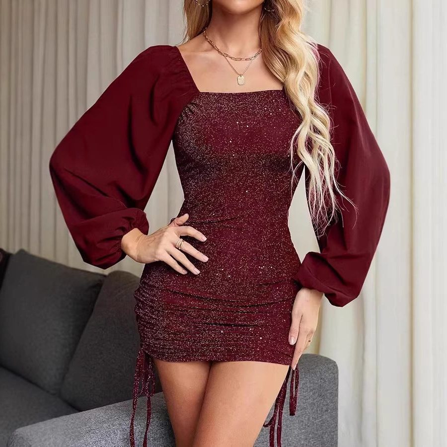 Women's Glitter Bodycon Mini Party Dress, Square Neck | Nika
