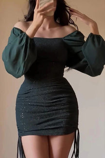Women's Glitter Bodycon Mini Party Dress, Square Neck | Nika in Olive Green