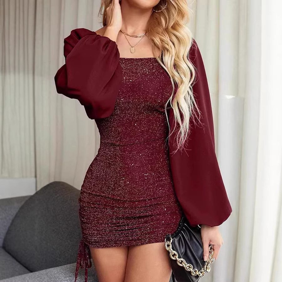 Women's Glitter Bodycon Mini Party Dress, Square Neck | Nika