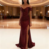 Women's Off-Shoulder Sequin Maxi Evening Dress | Sylviane in Wine Red