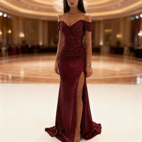 Women's Off-Shoulder Sequin Maxi Evening Dress | Sylviane in Wine Red