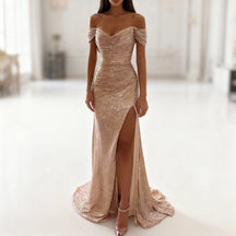 Women's Off-Shoulder Sequin Maxi Evening Dress | Sylviane in Champagne