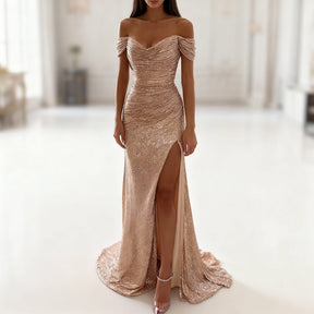 Women's Off-Shoulder Sequin Maxi Evening Dress | Sylviane in Champagne