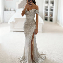 Women's Off-Shoulder Sequin Maxi Evening Dress | Sylviane in Silver