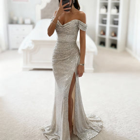 Women's Off-Shoulder Sequin Maxi Evening Dress | Sylviane in Silver