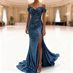 Women's Off-Shoulder Sequin Maxi Evening Dress | Sylviane in Peacock Blue