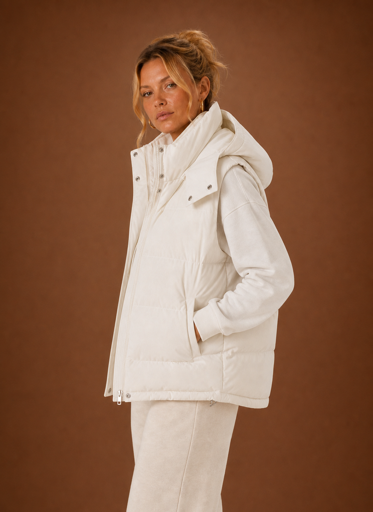 Women's Oversized Hooded Quilted Vest | Paola in Off-White - Juana Fashion