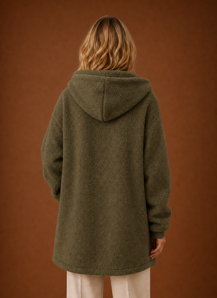Women's Long Hooded Fleece Winter Jacket | Martina in Olive - Juana Fashion