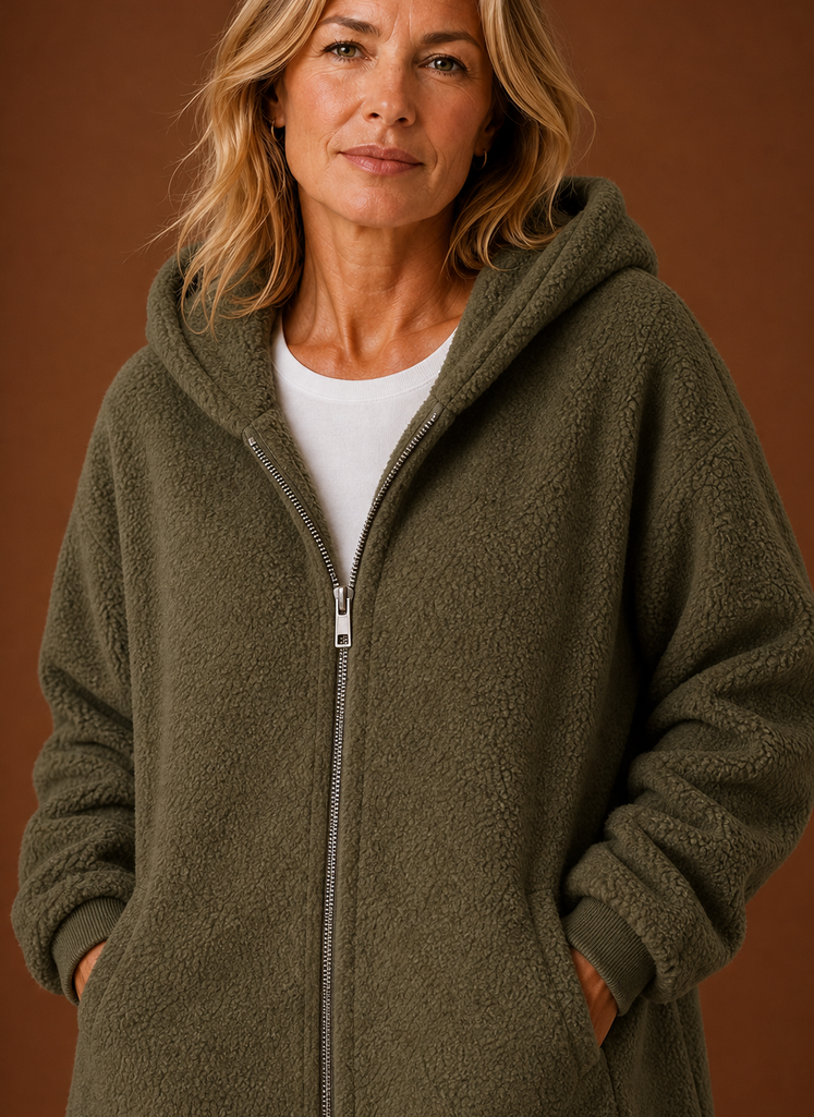 Women's Long Hooded Fleece Winter Jacket | Martina in Olive - Juana Fashion
